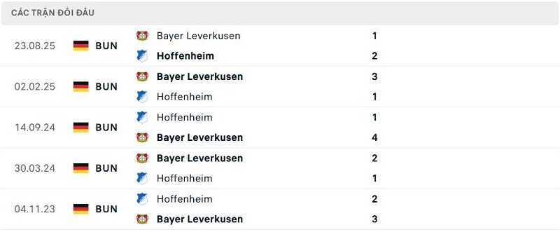Lịch sử đối đầu Hoffenheim vs Bayer Leverkusen Lịch sử đối đầu Hoffenheim vs Bayer Leverkusen